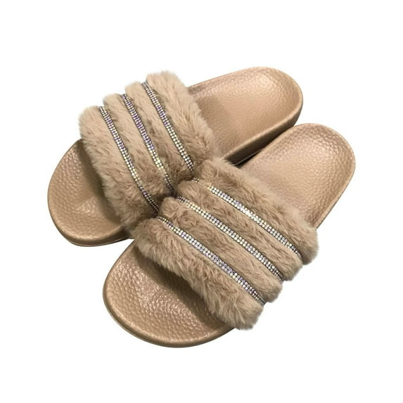 JeashCHAT Slip On Slide Sandals for Women Women's Summer Suede Home Shoes Indoor And Outdoor Flash Drilling Slippers (Khaki)
