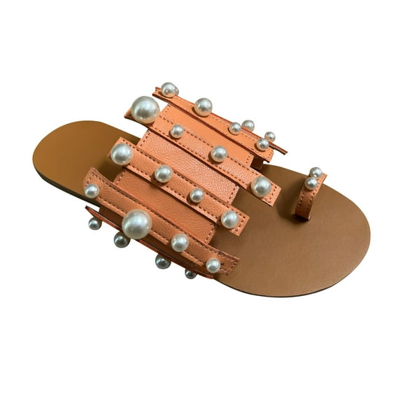 JeashCHAT Slip On Slide Sandals for Women Womens Summer Fashion Flat Slippers Pearl Decoration Solid Color Casual Beach Slippers Sandals (Khaki)