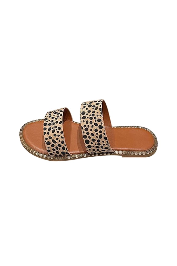 Slip On Slide Sandals for Women Womens Summer Fashion Flat Slippers Round-toe Leopard Print Casual Slippers (Khaki)