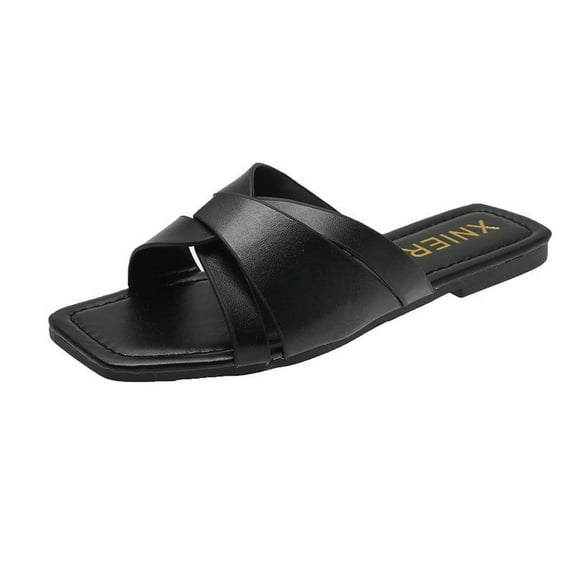 JeashCHAT Slip On Slide Sandals for Women Women's Flat-heeled Square Sandals Wear One-line Slippers Breathable Shoes (Black)