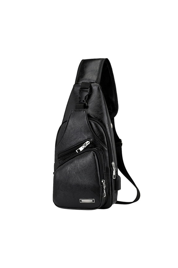 Small Sling Bag for Men, Faux Leather Crossbody Chest Bag Sling Backpack Casual Daypack Shoulder Bag with USB Charging Port for Travel Sport Hiking, Black