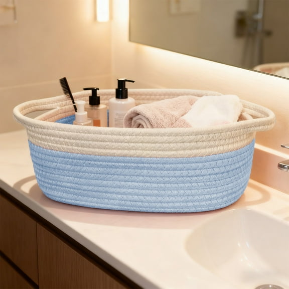 JeashCHAT Small Woven Rope Basket, Empty Gifts Basket with Bag and Ribbon, Present Containers Decorative Organizer Box with Handle for Birthday Baby Shower Easter, Toy Storage, 12"x8"x5"