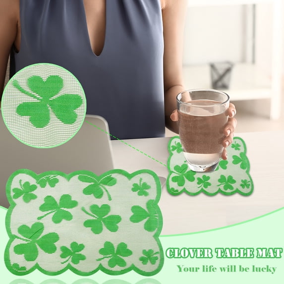 JeashCHAT St. Patrick's Day Placemat Shamrock Green Lace Embroidered Irish Clover Party Decor Supplies St Patricks Day Decorations for Kitchen Dining Table 12"x18"