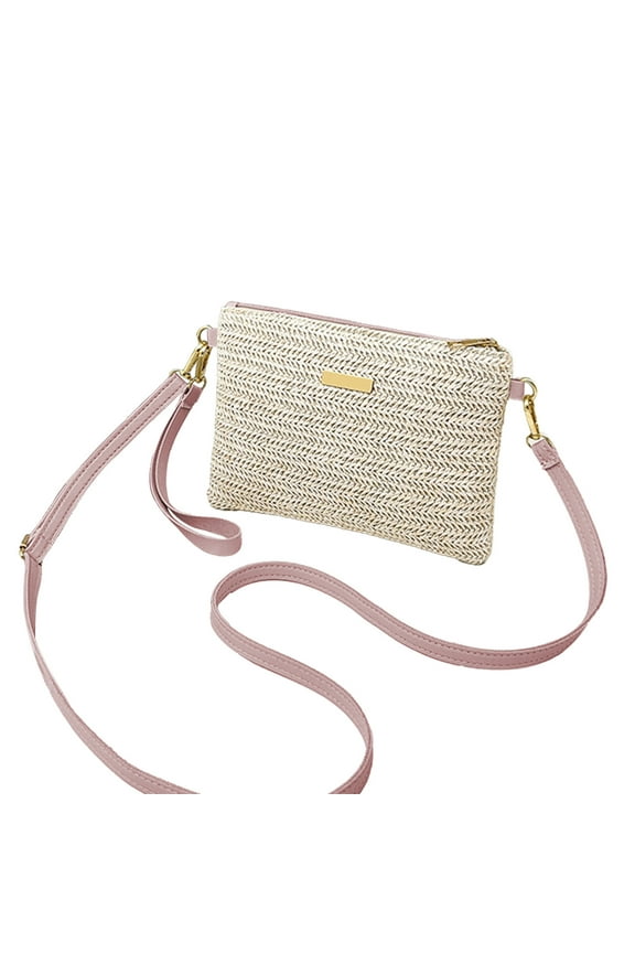 Straw Clutch Handbag Summer Beach Straw Purse for Women, Woven Crossbody Bag Shoulder Bag, Zipper Wristlet Handbag Wallets (Pink)