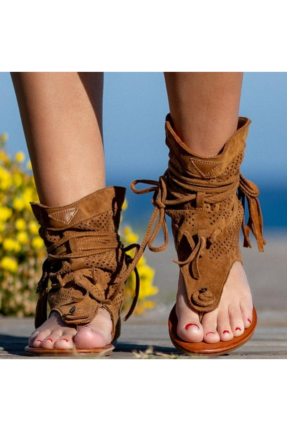 Tassel Sandals for Women, Retro Bohemian Gladiator Fringe Casual Flat Sandals Clip Toe Flip-Flops T-Strap Roman Open Toe Beach Sandals Boots (Brown)