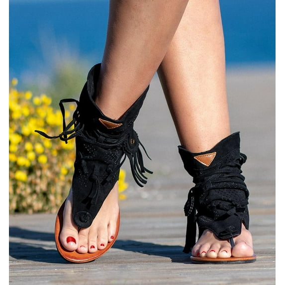 JeashCHAT Tassel Sandals for Women, Retro Bohemian Gladiator Fringe Casual Flat Sandals Clip Toe Flip-Flops T-Strap Roman Open Toe Beach Sandals Boots (Black)