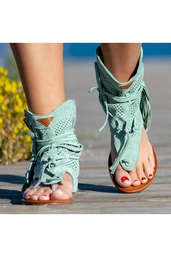 Tassel Sandals for Women, Retro Bohemian Gladiator Fringe Casual Flat Sandals Clip Toe Flip-Flops T-Strap Roman Open Toe Beach Sandals Boots (Green)