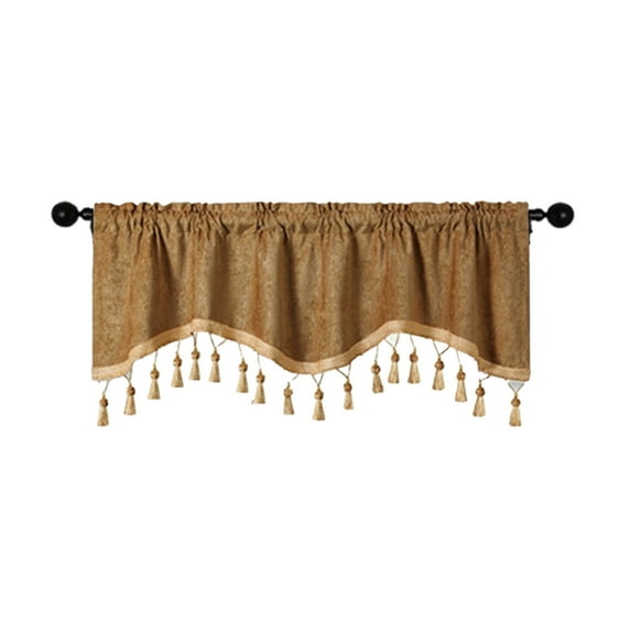 JeashCHAT Trim Tassel Kitchen Curtain Valance, Fringed Valance and Swag for Kitchen Bathroom Living Room Window Decor, Rod Pocket Short Curtain, 59" x 16", Coffee