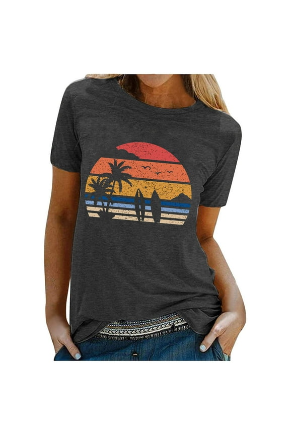 Tshirts Shirts for Women Summer Surfing Beach Printed Women Summer Short Sleeve Blouse Top Shirt T-shirt