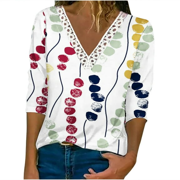 JeashCHAT Tshirts Shirts for Women Women's Fashion Printed Lace Long Sleeves Blouse V-Neck Casual Tops