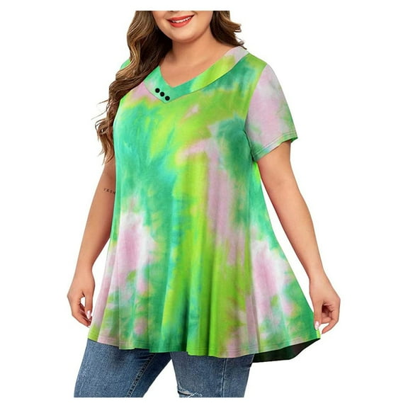 JeashCHAT Tshirts Shirts for Women Graphic Women Plus Size Tops Tie-dye Print Short Sleeve V-neck Blouse Pleated Hem Shirt