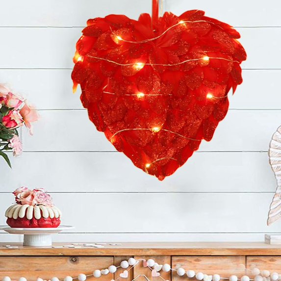 JeashCHAT Valentine's Day Wreath, 10" Heart Shaped Red Feathers Wreath for Front Door Valentines Door Wreath with String Light for Indoor Outdoor Home Wedding Party Decorations