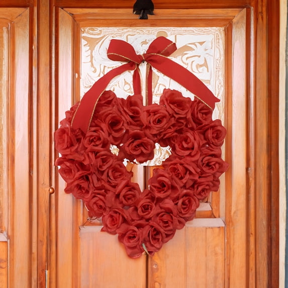 JeashCHAT Valentine's Day Wreath, 16.5" Heart Shaped Red Rose Wreath for Front Door Valentines Door Wreath with Red Bow for Indoor Outdoor Home Wedding Party Decorations