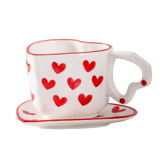 JeashCHAT Valentines Day Heart Shaped Ceramic Coffee Cup with Saucer, Coffee Mug Tea Cup Drinkware Anniversary Valentines Day Gift