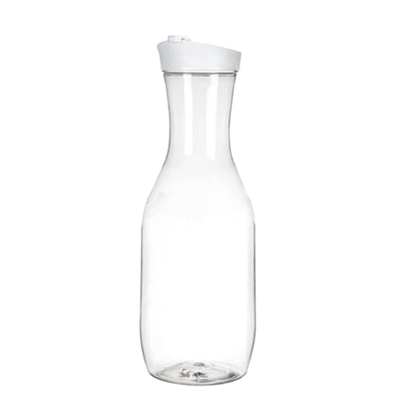 JeashCHAT Water Carafe with Flip Top Lid, Round Base Juice Containers, 1 Liter Clear Plastic Pitcher for Water, Lemonade, Iced Tea, Juice, Beverage, Cold Brew