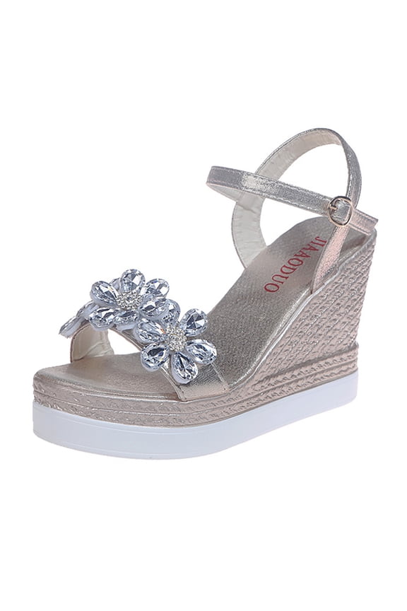 Wedge Sandals for Women Dressy Summer, Platform Casual Rhinestone Flower Heels Comfortable with Open Toe and Ankle Strap
