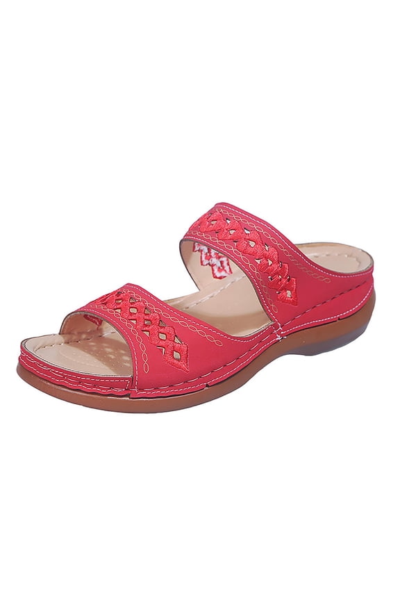Wedge Sandals for Women Wide Width Womens Orthopedic Sandals Two Band Strap Slide Sandals Arch Support Slides (Red)