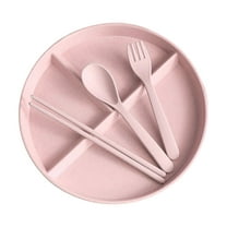 JeashCHAT Wheat Straw Dinnerware Set, Plastic Divided Plate with Chopsticks, Spoon, Fork - Lightweight Reusable Dinner Plates Dishes for Kitchen Camping, Party Supplies, Pink