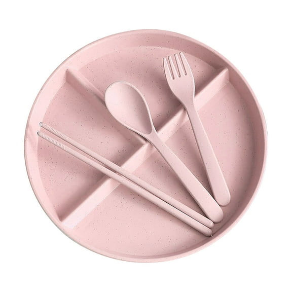 JeashCHAT Wheat Straw Dinnerware Set, Plastic Divided Plate with Chopsticks, Spoon, Fork - Lightweight Reusable Dinner Plates Dishes for Kitchen Camping, Party Supplies, Pink