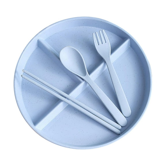 JeashCHAT Wheat Straw Dinnerware Set, Plastic Divided Plate with Chopsticks, Spoon, Fork - Lightweight Reusable Dinner Plates Dishes for Kitchen Camping, Party Supplies, Blue