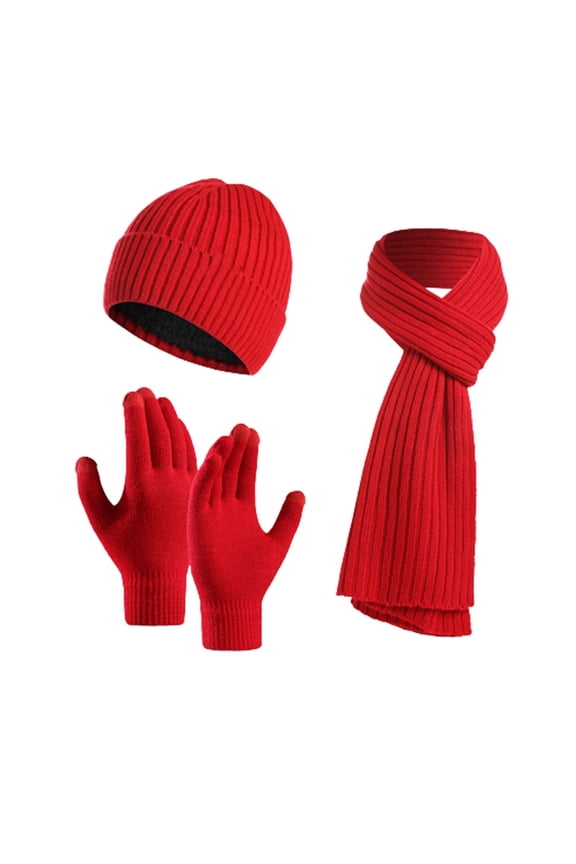 Winter Knit Hat Scarf Touchscreen Gloves Set for Men and Women, Striped Beanie Cuffed Plain Skull Cap Warmer Gloves Long Scarf, Christmas Gifts, Red