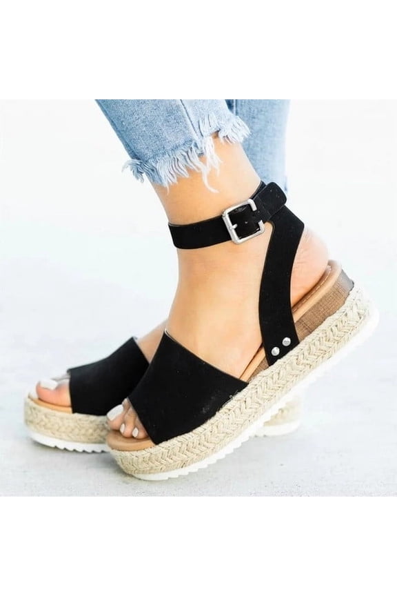 Woman Summer Sandals Open Toe Buckle Ankle Strap Espadrilles Flatform Wedge Casual Sandal (Black)