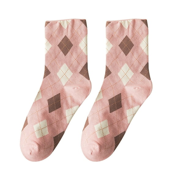 JeashCHAT Women Fashion Argyle Pattern Print England Style Cotton Middle Tube Socks