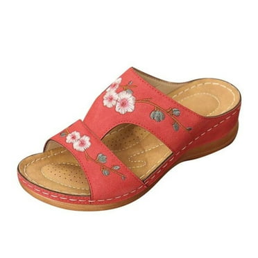 JeashCHAT Women Sandals Dressy Summer Wedge Sandals Embroidered Floral Slippers Backless Open Toe Slip On Slide Sandals