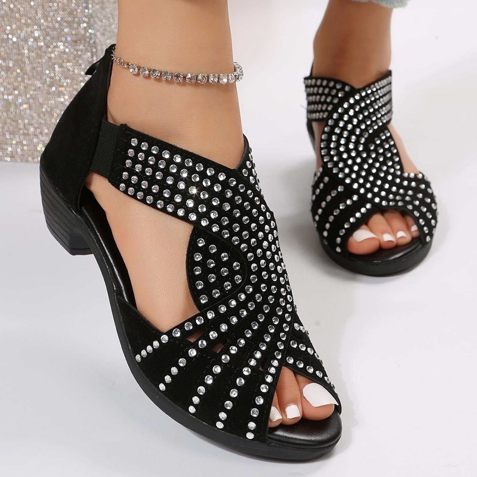 JeashCHAT Women Sandals Rhinestone Open Toe Low Chunky Block JeashCHAT Women Sandals Rhinestone Open Toe Low Chunky Block