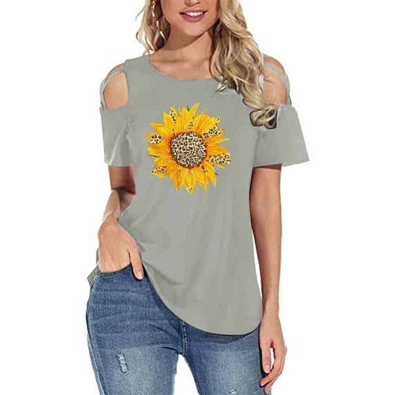JeashCHAT Women Short Sleeve Tops Summer Strappy Cold Shoulder T-shirt Fashion Floral Print Color Casual Tunic Blouses Plus Size Pullover Tee