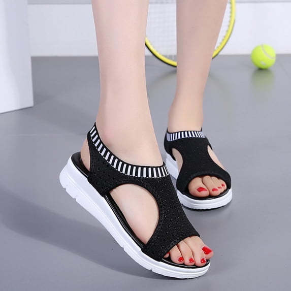 JeashCHAT Women's Athletic Outdoor Sandals Comfort Sport Hiking Sandals with Arch Support Light Weight Breathable Cut Out Peep Toe Slip on Walking Shoes (Black)