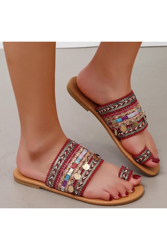 Women's Bohemian Flat Sandals, Women Flip Flops with Clip Toe Ring Decorative Sequins Sandal Shoes for Summer Beach Oceanside Holiday Outdoor (Red)