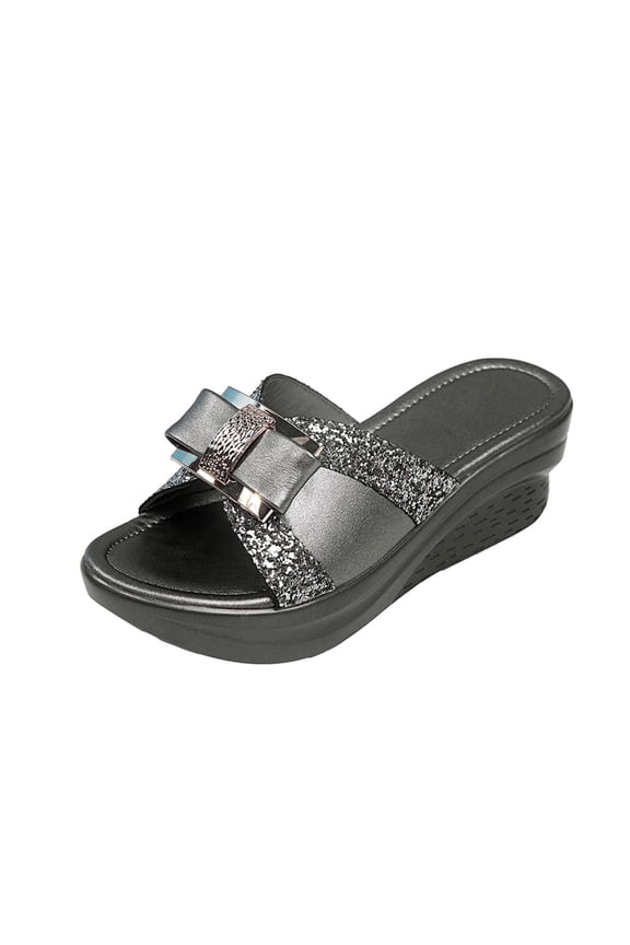 Women's Bow Tie Platform Wedge Slip On Slide Sandals Comfortable Summer Sandals Open Toe Wedges (Gray)