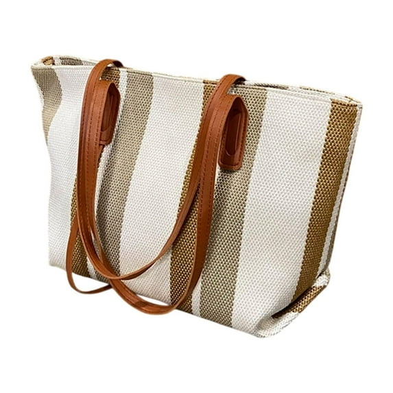 JeashCHAT Women's Canvas Tote Bag Vertical Striped Casual Fashion Shoulder Bag Large Handbag for Work Dating Holiday Travel Beach, Brown