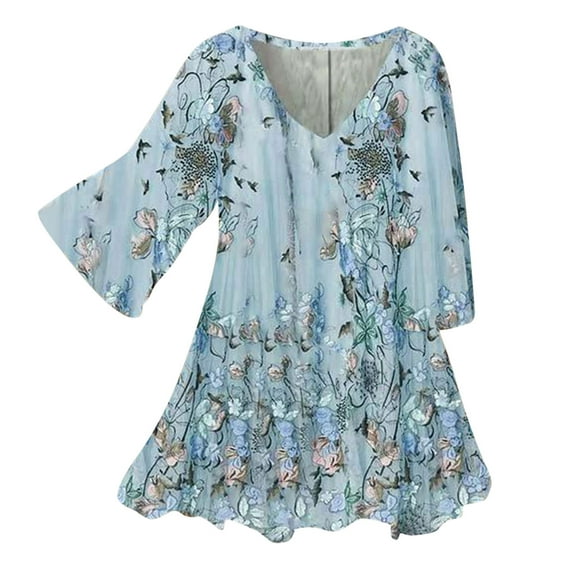 JeashCHAT Women's Casual V Neck T Shirts Floral Print Loose Summer Half Bell Sleeve/Puff Long Sleeve Tops Ruffle Tunic Blouses