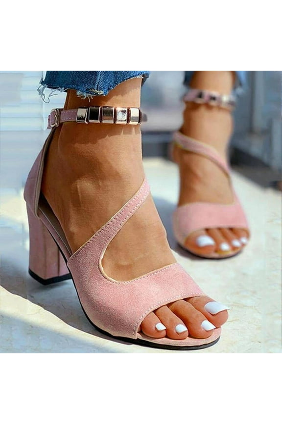 Women's Chunk High Heel Pump Sandals Open Toe Ankle Strap Heeled Sandal Wedding Party Dress Pumps Shoes (Pink)