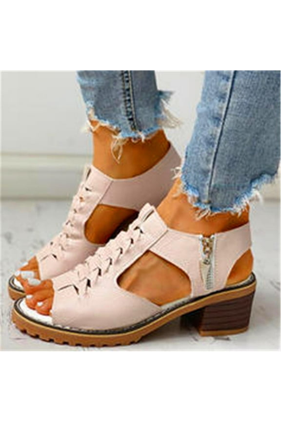 Women's Chunk Sandals Peep Toe Ankle Strap Low Block Chunky Heels Crisscross Straps Side Zipper Retro Sandals Party Dress Pumps Shoes (Beige)