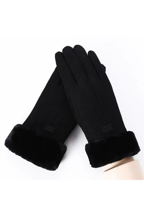 Women's Cold Weather Gloves, Warm Fleece Lined Windproof Gloves, Soft Fluffy Cuff Thermal Touchscreen Texting Gloves Winter Outdoor Hiking Cycling Gloves for Women Girls, Black