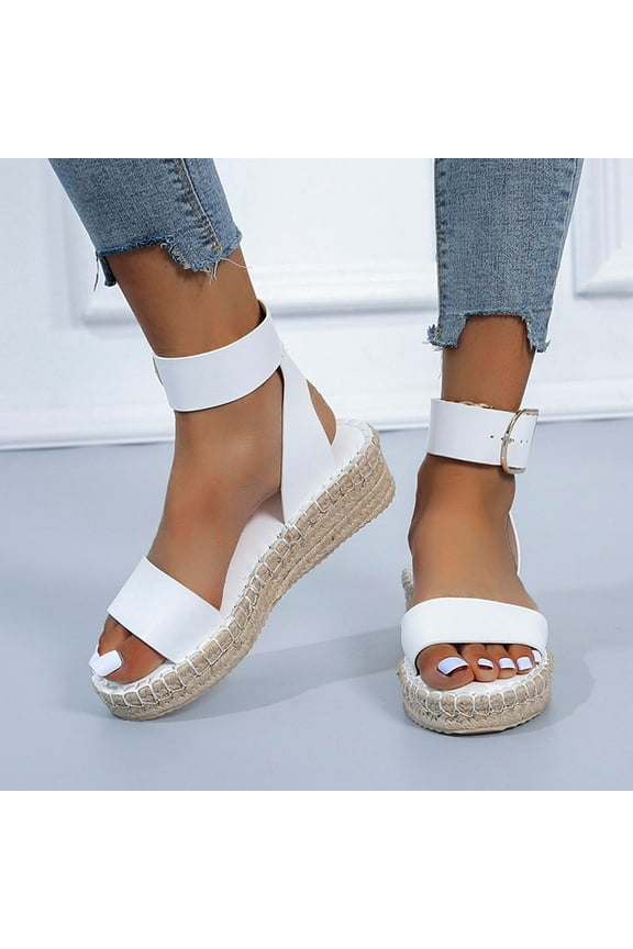Women's Espadrille Platform Wedge Sandals Open Toe Buckle Ankle Strap Espadrilles Flatform Wedge Casual Summer Sandal (White)