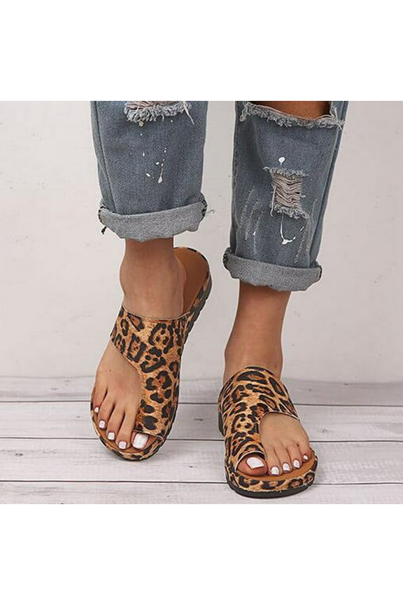 Women's Flat Sandal Orthopedic Toe Ring Slides Flip Flops PU Leather Slip On Flats Summer Beach Travel Slipper on (Coffee)