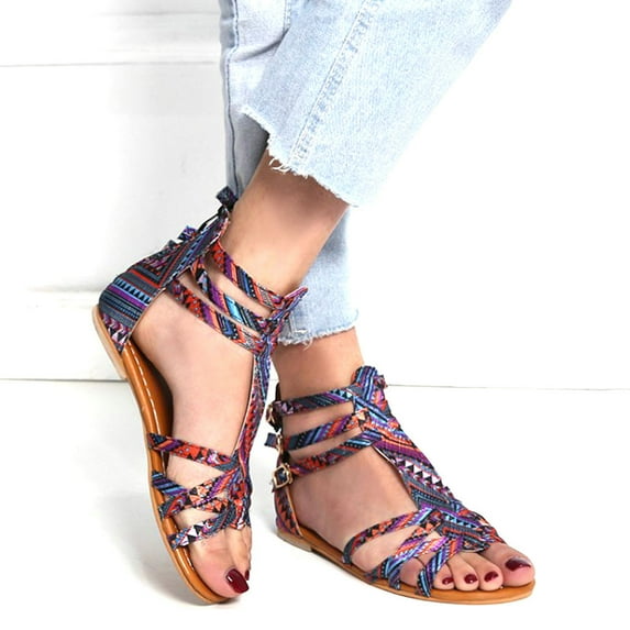 JeashCHAT Women's Flat Sandals Gladiator Sandals Bohemian Style Strappy Sandal Peep Toe Strappy Zip Closure Beach Shoes for Women Dressy Summer (Multicolor)