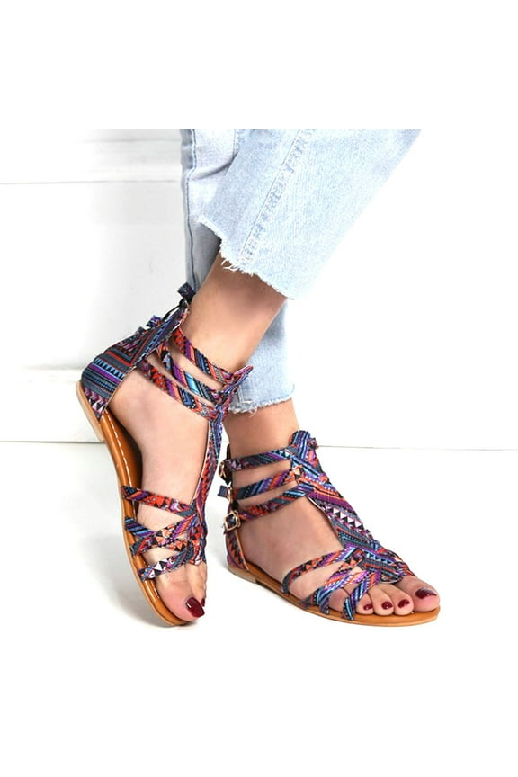 Women's Flat Sandals Gladiator Sandals Bohemian Style Strappy Sandal Peep Toe Strappy Zip Closure Beach Shoes for Women Dressy Summer (Multicolor)