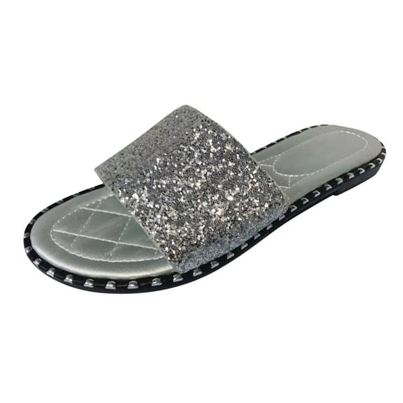 JeashCHAT Women's Flat Sandals Glitter Shiny Rhinestone One Band Round Open Toe Fashion Slide Sandals Women Dressy Summer Beach Slippers