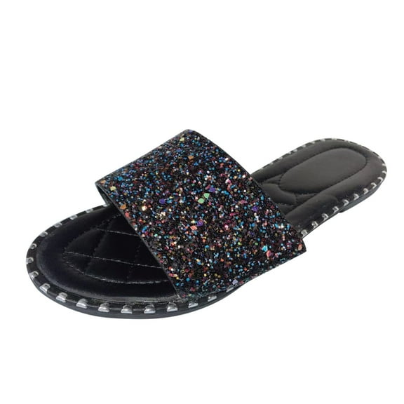 JeashCHAT Women's Flat Sandals Glitter Shiny Rhinestone One Band Round Open Toe Fashion Slide Sandals Women Dressy Summer Beach Slippers