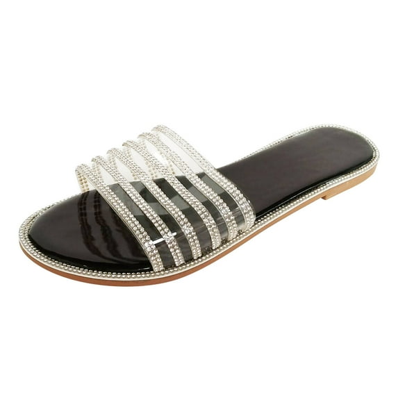 JeashCHAT Women's Flat Sandals Rhinestone Slides Slip On Open Toe Slide Sandals Slippers for Summer (Black)