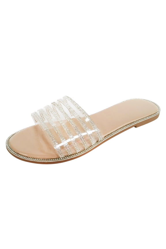 Women's Flat Sandals Rhinestone Slides Slip On Open Toe Slide Sandals Slippers for Summer (Khaki)
