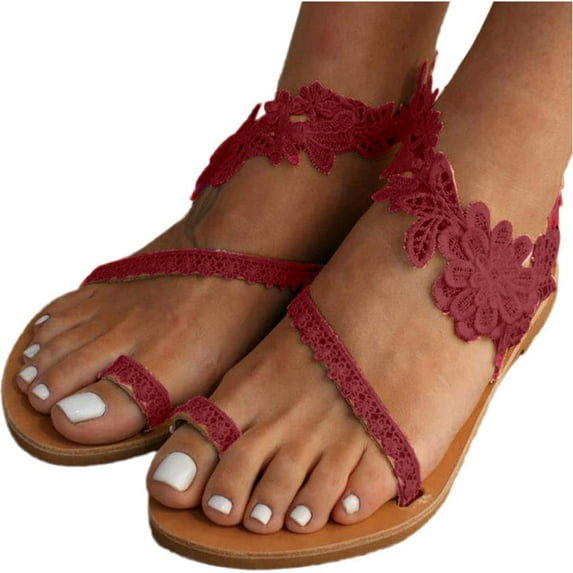 JeashCHAT Women's Flat Sandals Toe Ring Wedding Red Lace Floral Summer Sandals Bohemian Slip On Clip Toe Beach Sandals Flip Flops