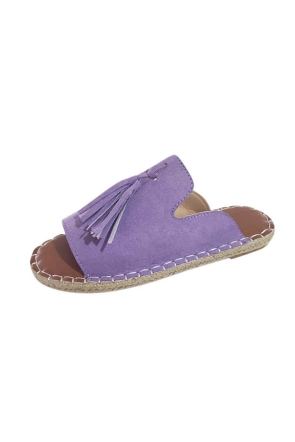 Women's Flat Sandals with Tassel, Espadrilles Slides Peep Toe Backless Slippers Slip On Slide Sandals (Purple)