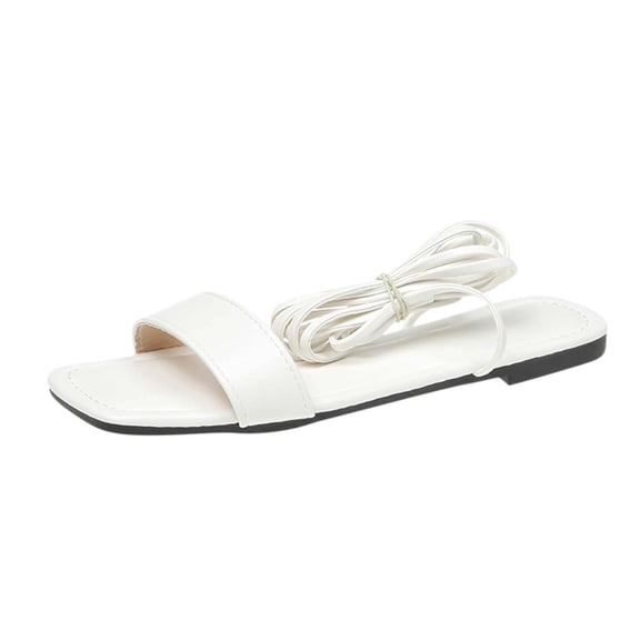 JeashCHAT Women's Flat Strappy Lace-Up Sandal Open Toe Square Toe Gladiator Sandals Fashion Tie Up Flats Beach Sandals Casual Summer Sandals