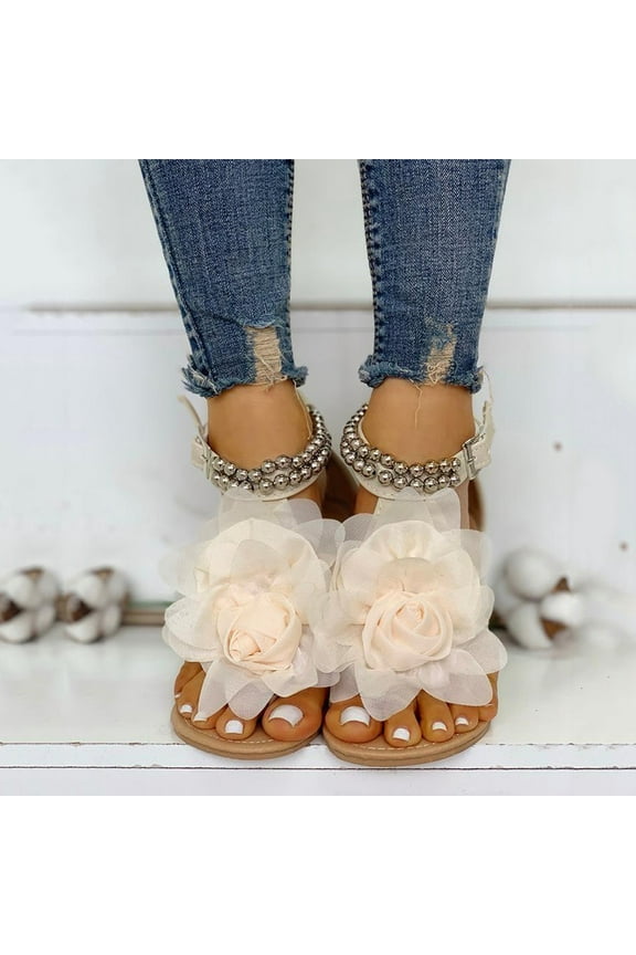 Women's Flower T-Strap Thong Flat Sandals Beaded Buckle Ankle Strap Dress Beach Bohemian Shoes for Women Summer (White)